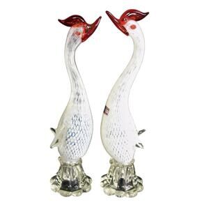 Murano Italy Glass Bird Figurines 17" White Egret Venetian Art Glass Italy 1950s